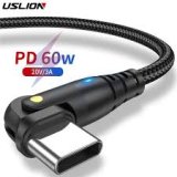 USLION PD 60W/3A USB C to USB TypeC Fast Cable For Xiaomi Samsung Macbook BLACK 1M