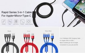 Baseus 3 in 1 USB Cable For iPhone Samsung Xiaomi LG Multi Fast Charger For Apple/Micro/Type -C Red