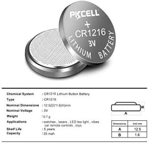 PKCELL 1 x CR1216 Button Batteries 1216, DL1216, BR1216, ECR1216, 5034LC, LM1216 Cell Coin Lithium Battery