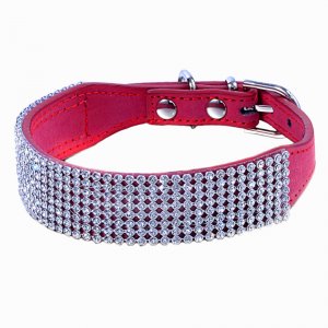 Adjustable Bling Diamante Crystal Pet Puppy Dog Kitten Collar PU Leather Pink Small