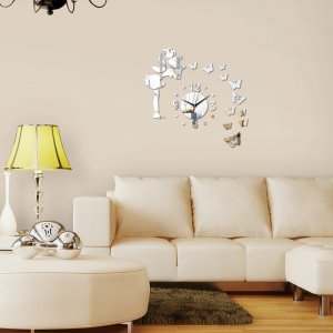 3D Quartz Wall clock DIY Fairy Butterfly Silver