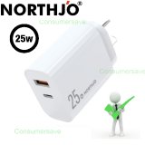 NORTHJO NOPD2502 PD 25W USB-C/Type-C + QC 3.0 USB Dual Ports Fast Charger, Plug Type:AU Plug(White)