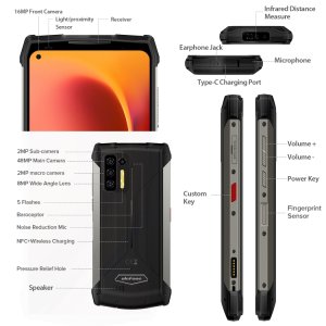 Ulefone Armor 13 Rugged Phone, Infrared Distance Measure, 8GB+128GB Quad Back Cameras, IP68/IP69K Waterproof Dustproof Shockproof, Face ID & Fingerprint Identification, 13200mAh Battery, 6.81 inch Android 11 MTK Helio G95 Octa Core up to 2.05GHz, 4G